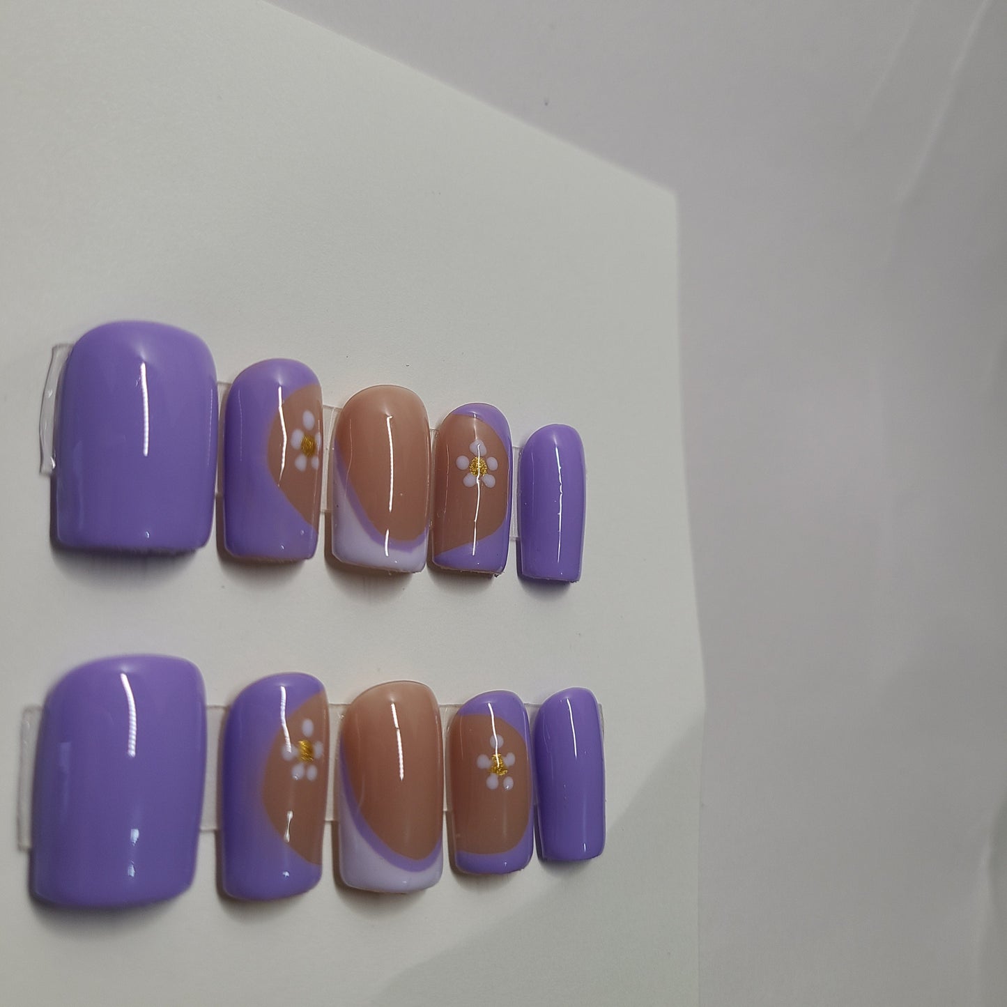 Double purple multi-design with flowers. Short Square, (10 pieces) Press-On Nails including Prep Kit PN000083