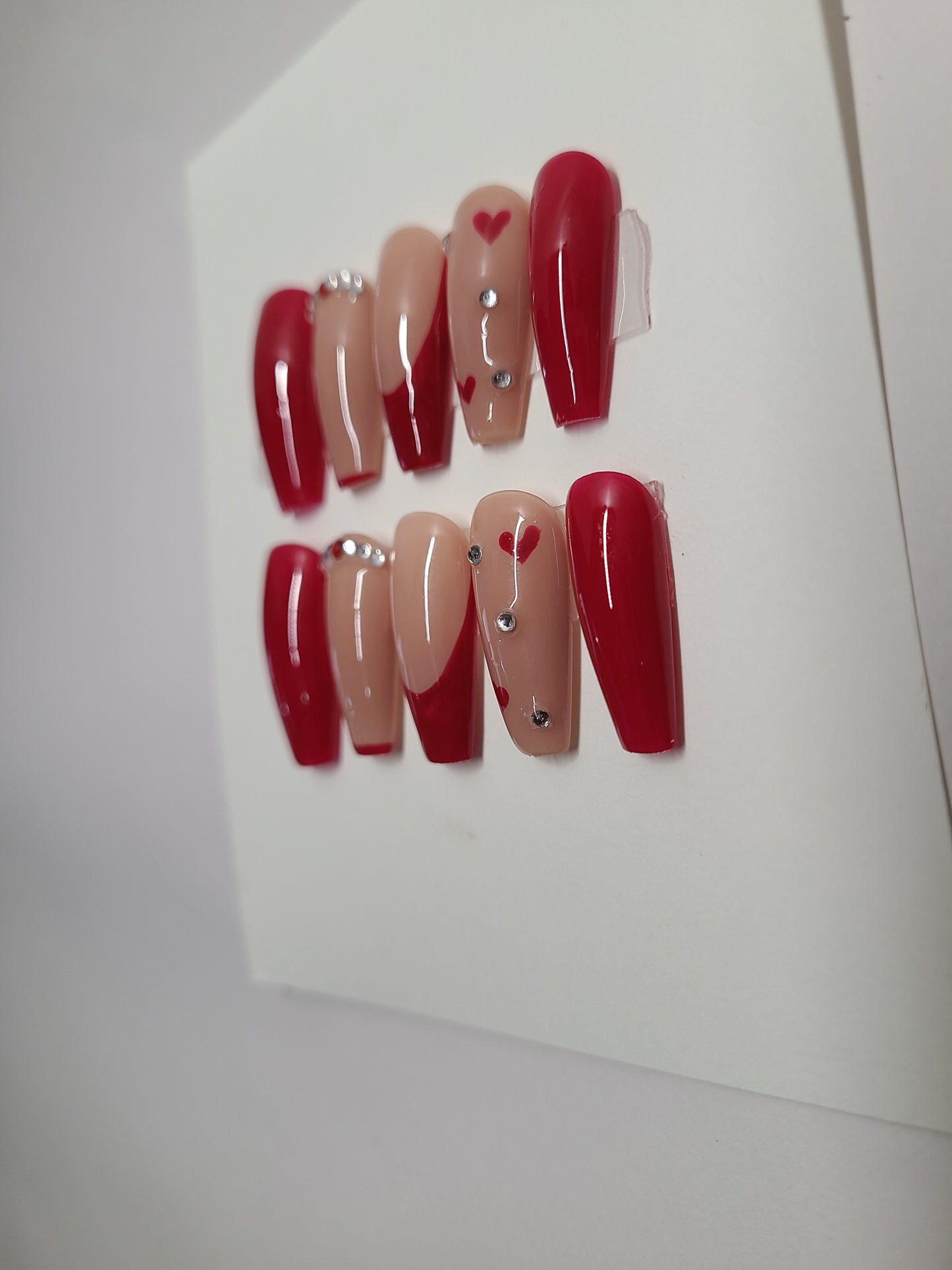Red and nude multi-design with red hearts. Medium Coffin, (20 pieces) Press-On Nails including Prep Kit (PN000087)