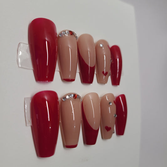 Red and nude multi-design with red hearts. Medium Coffin, (20 pieces) Press-On Nails including Prep Kit (PN000087)