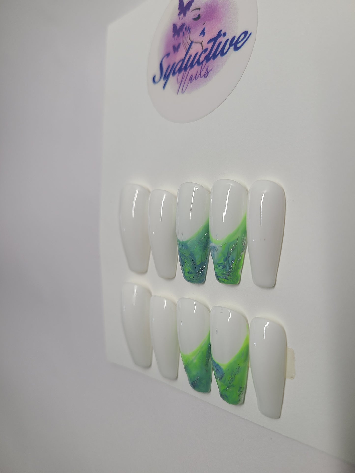 White with green marble french.. Medium Coffin,(14 pieces) Press-On Nails including Prep Kit (PN000088)