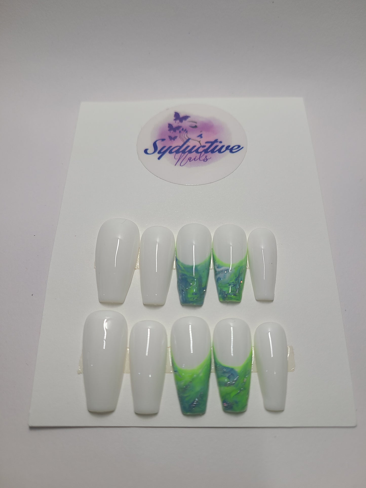 White with green marble french.. Medium Coffin,(14 pieces) Press-On Nails including Prep Kit (PN000088)
