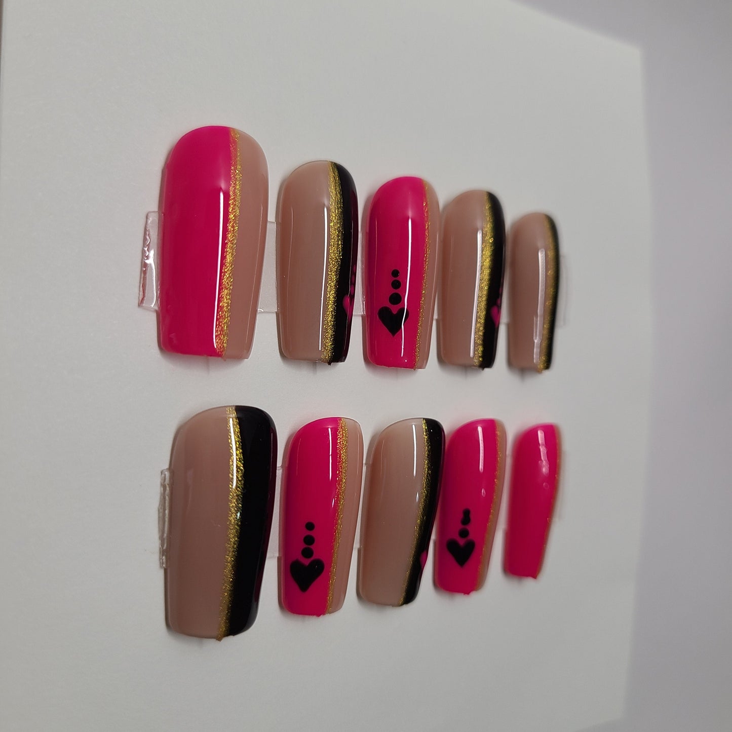 Black, nude, and pink with hearts and gold lines. Medium Square, (24 pieces) Press-On Nails including Prep Kit (PN000091)