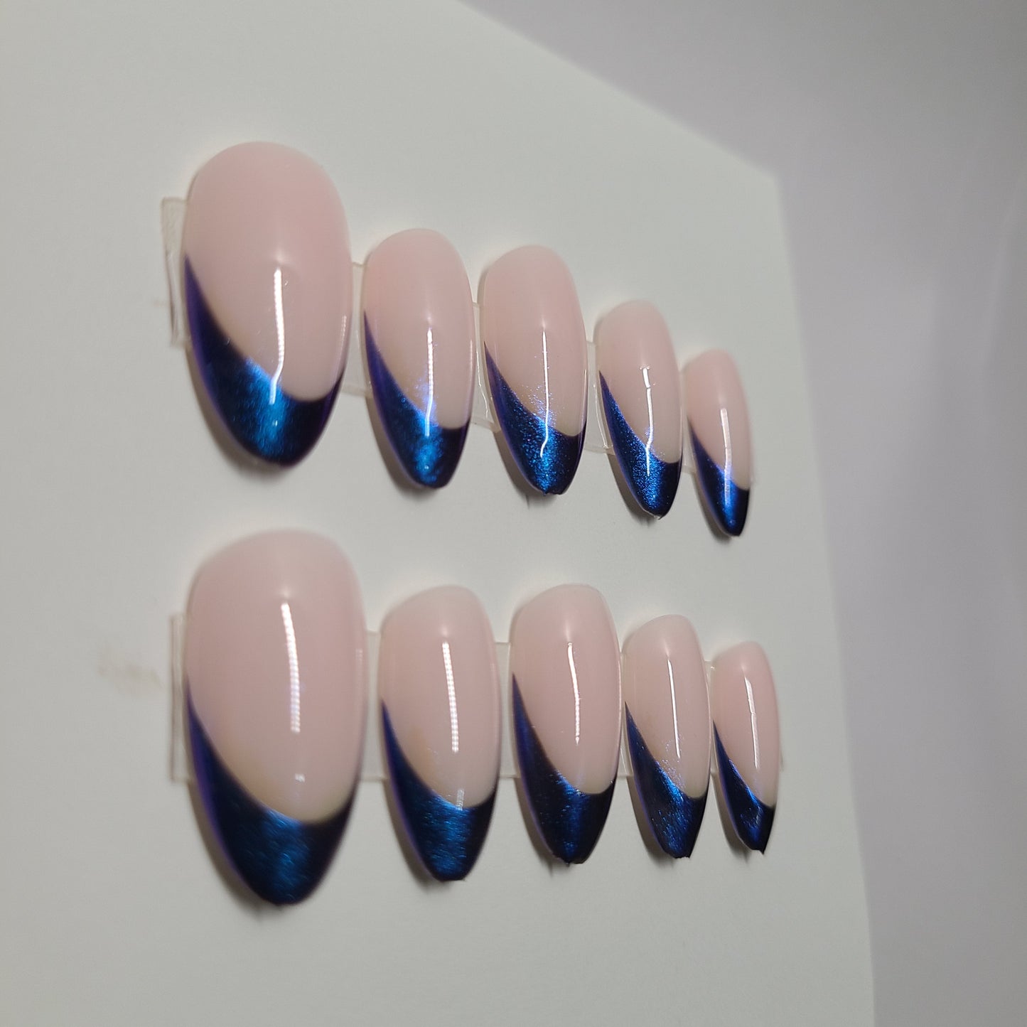 Reflective blue and purple chrome French. Medium Almond, (14 pieces) Press-On Nails including Prep Kit (PN000096)