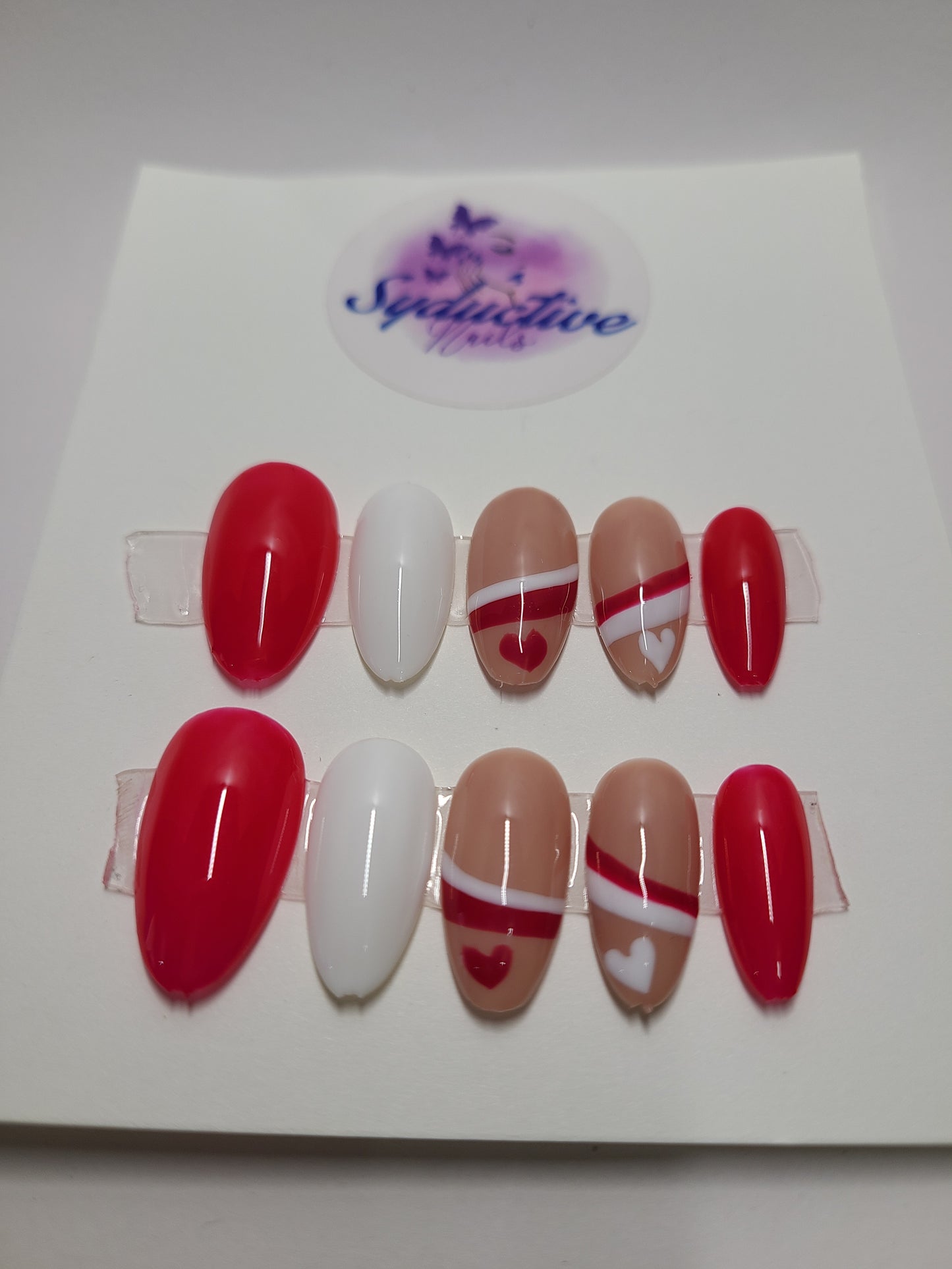 Red and white with lines and hearts. Medium Almond, (24 pieces) Press-On Nails including Prep Kit (PN000095)