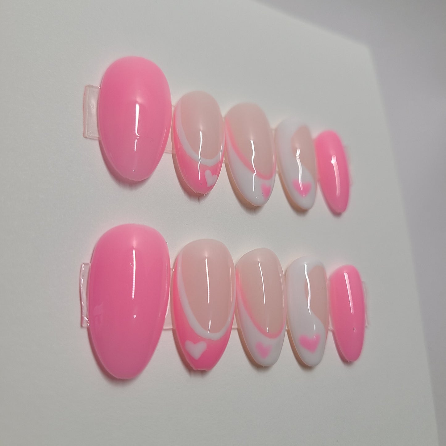 Pink and white multi-design with hearts. Medium, Medium Almond, (24 pieces) Press-On Nails including Prep Kit (PN000093)