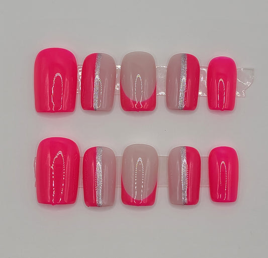 Bright pink multi-design with silver lines. Short Square, (10 pieces) Press-On Nails including Prep Kit