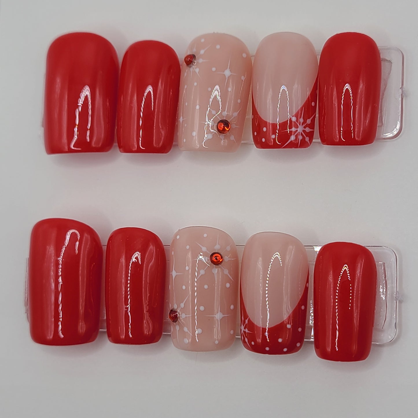 Crimson Snow Glow – Red with Snowflake Christmas (10 Piece Press-On Nails)