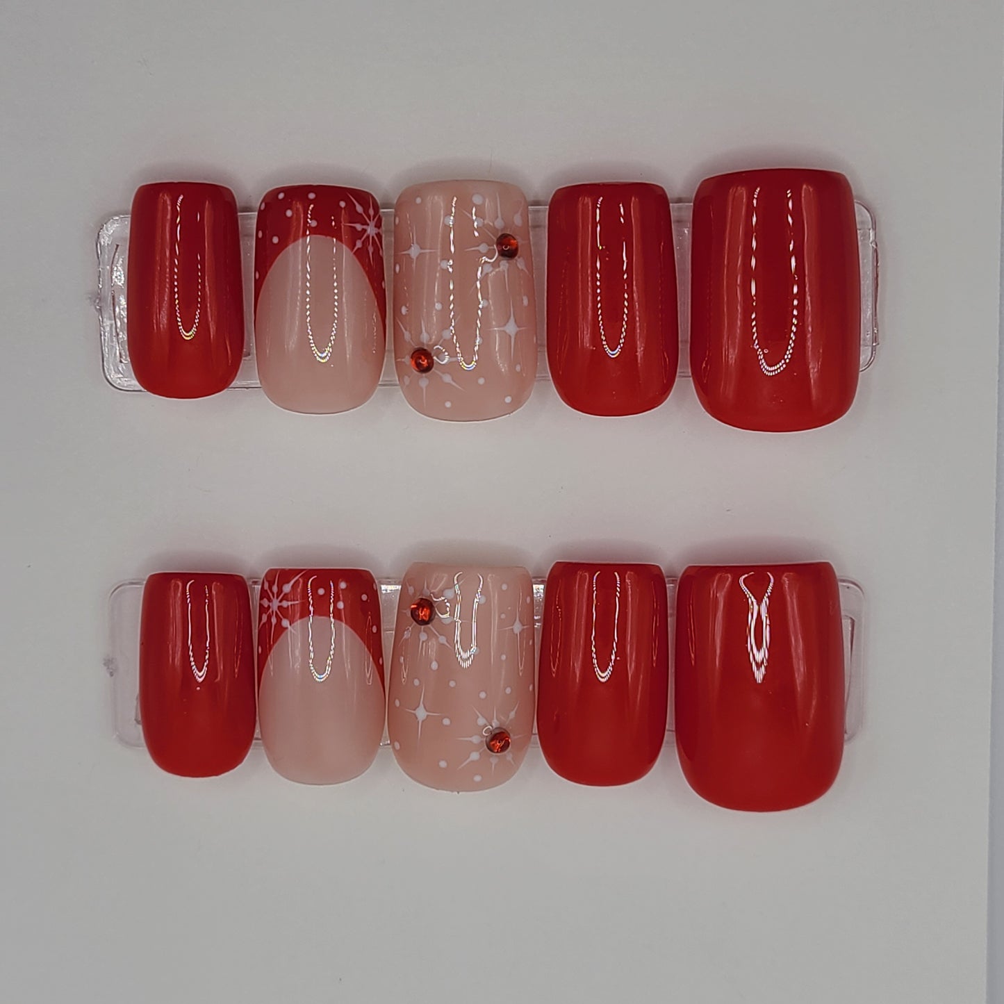 Crimson Snow Glow – Red with Snowflake Christmas (10 Piece Press-On Nails)
