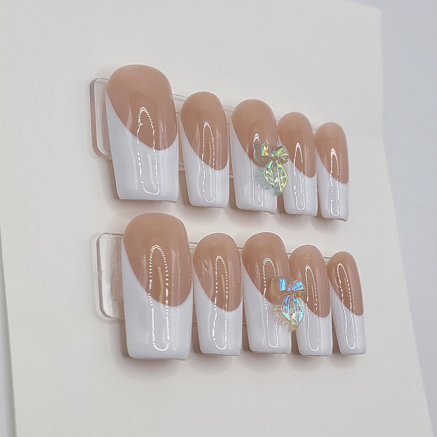 Iridescent Bow French Tip (10 pieces, Medium Square Press-On Nails)