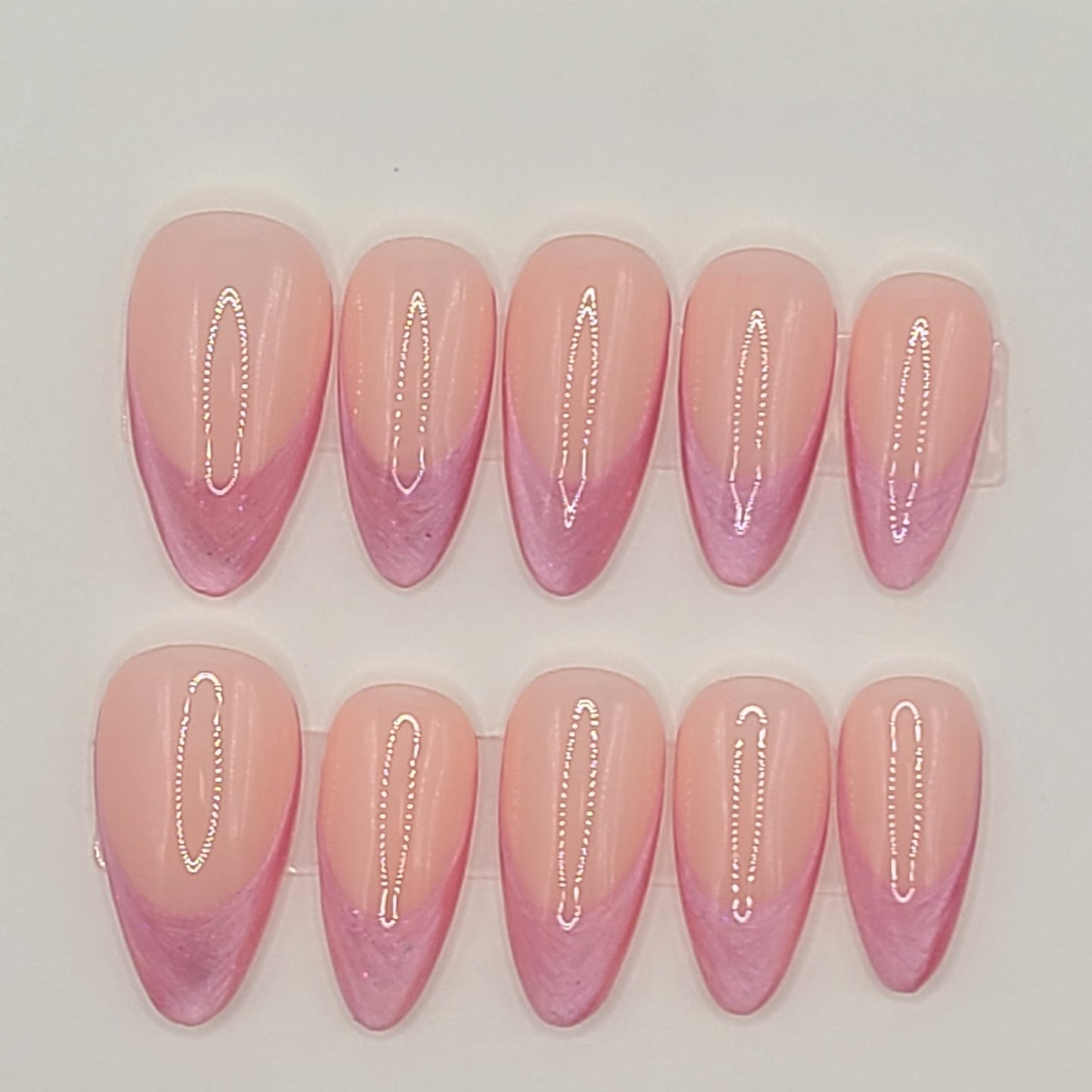 Pink Cat Eye French (16 pieces, Medium Almond Press-On Nails)