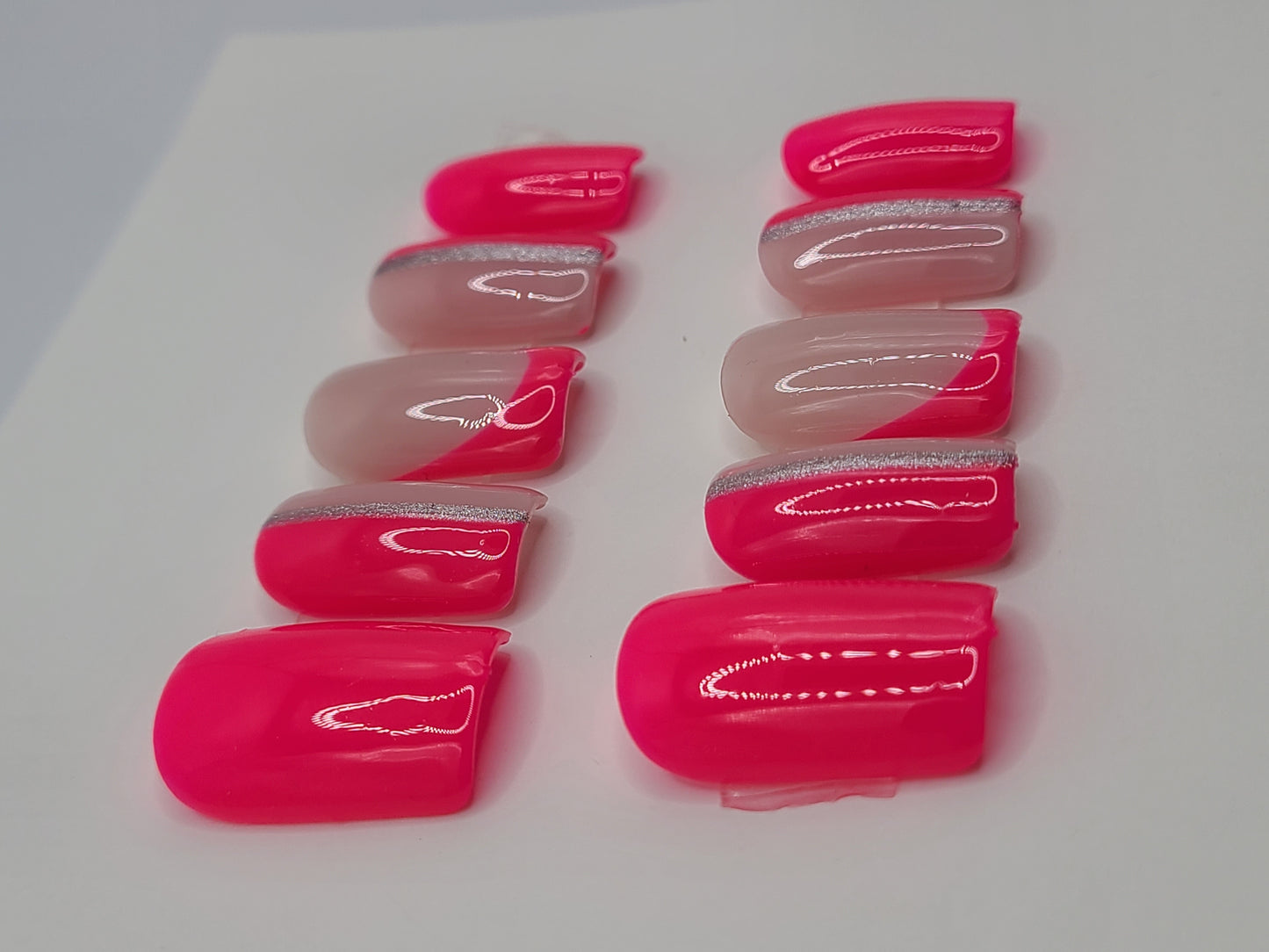 Bright pink multi-design with silver lines. Short Square, (10 pieces) Press-On Nails including Prep Kit