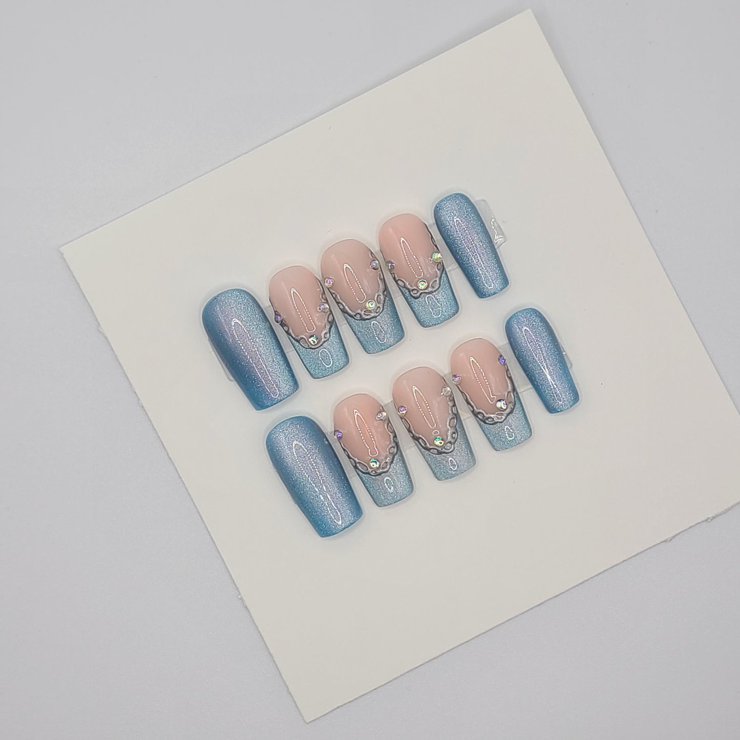 Blue Ice Chain French (20 pieces, Medium Square Press-On Nails)