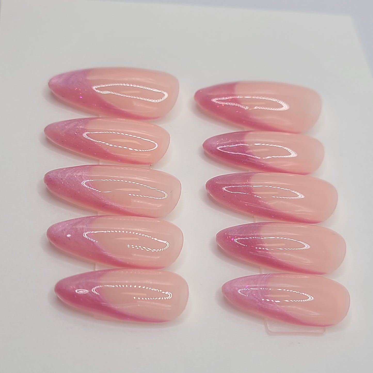Pink Cat Eye French (16 pieces, Medium Almond Press-On Nails)
