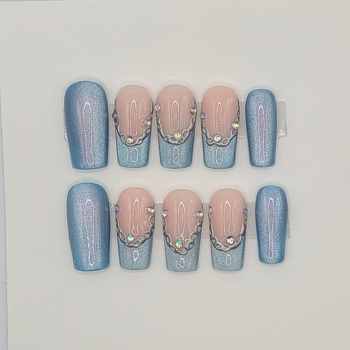 Blue Ice Chain French (20 pieces, Medium Square Press-On Nails)