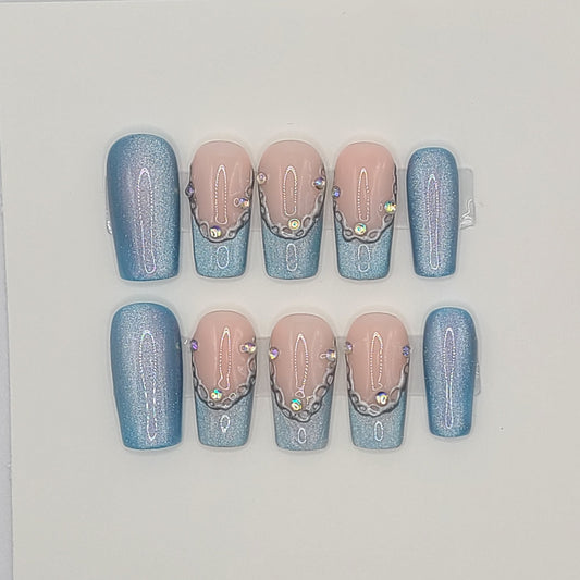 Blue Ice Chain French Medium Square Press-On Nails