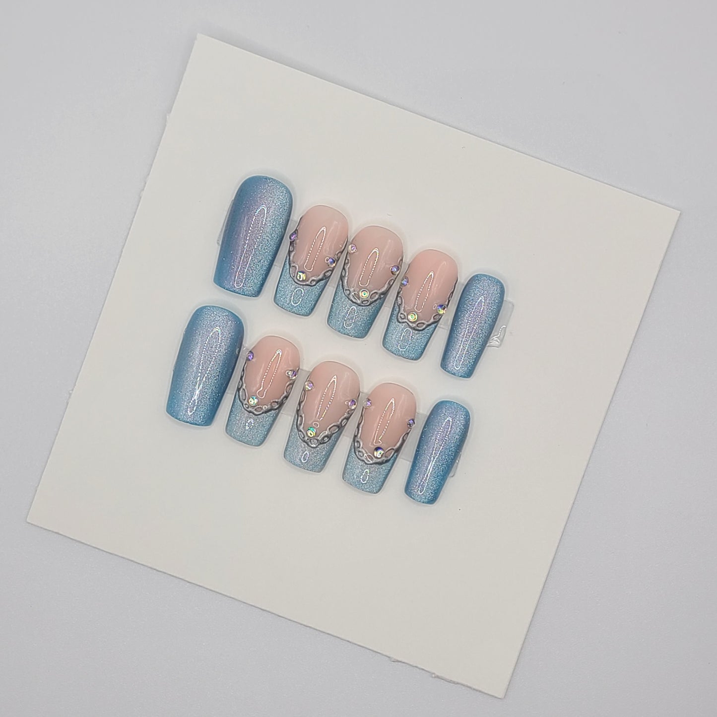Blue Ice Chain French (20 pieces, Medium Square Press-On Nails)