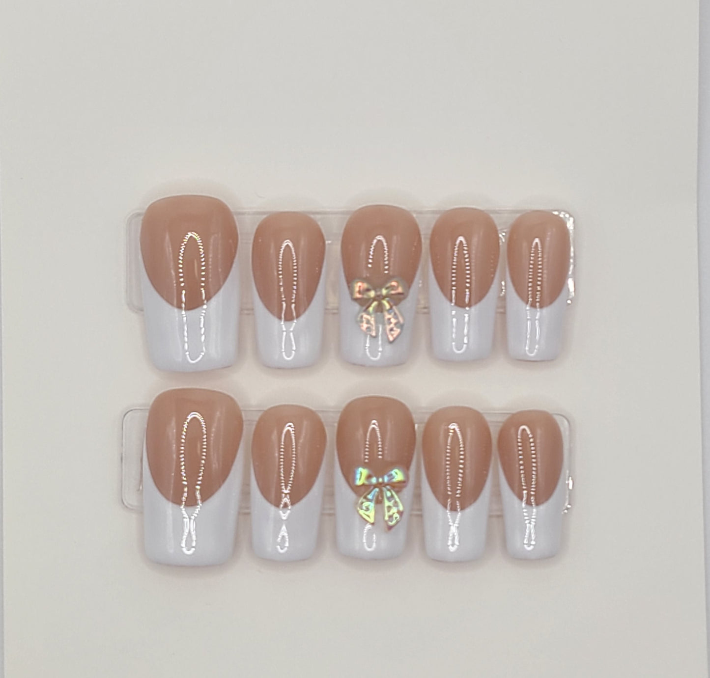 Iridescent Bow French Tip (10 pieces, Medium Square Press-On Nails)
