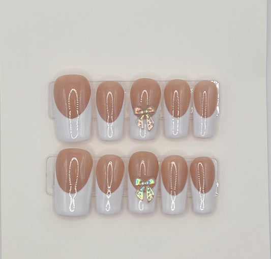 Iridescent Bow French Tip Medium Square Press-On Nails