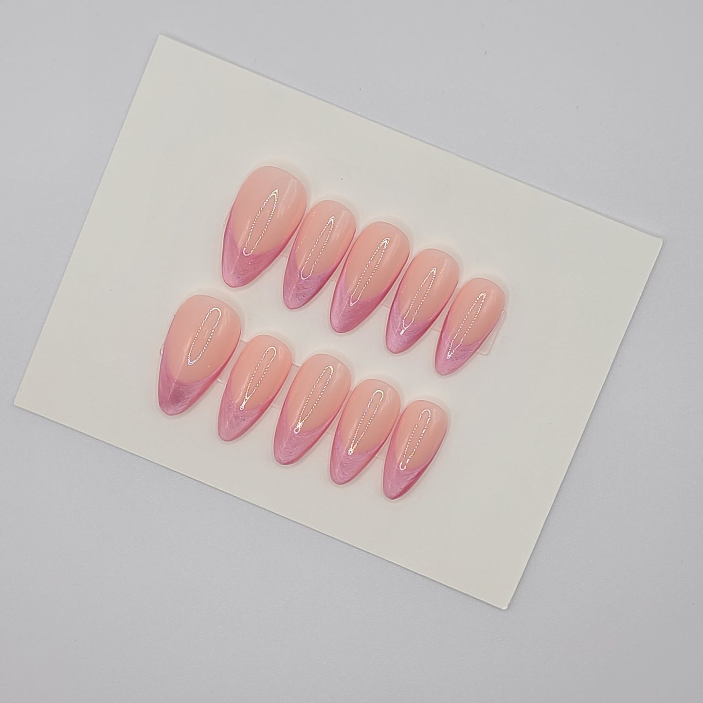 Pink Cat Eye French (16 pieces, Medium Almond Press-On Nails)