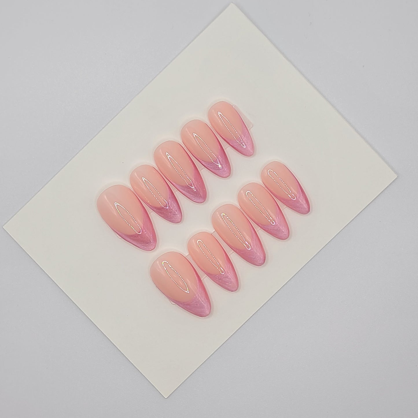 Pink Cat Eye French (16 pieces, Medium Almond Press-On Nails)