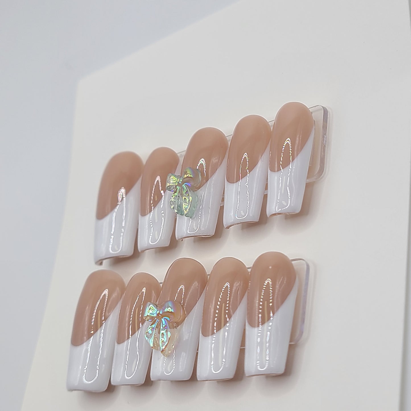 Iridescent Bow French Tip (10 pieces, Medium Square Press-On Nails)