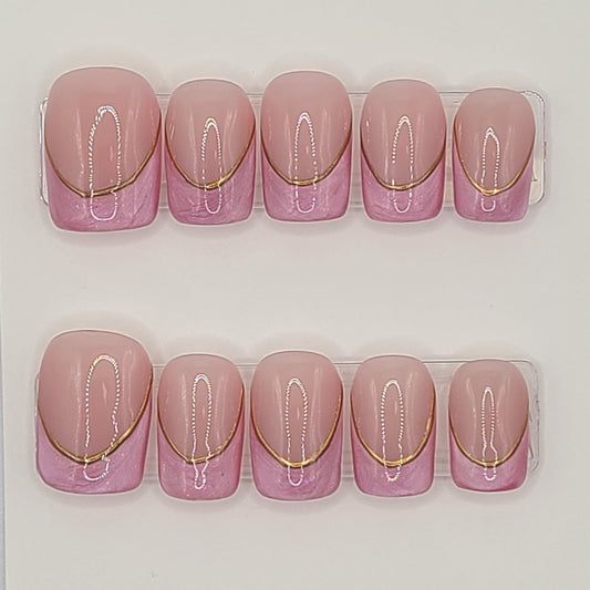 Gold Lined Pink French ( 10 pieces, Short Square Press-On Nails)