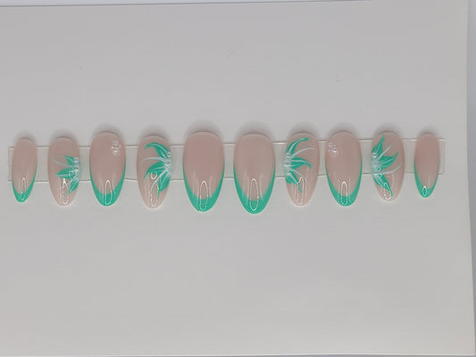 Turquoise Bloom ( 14 pieces, Medium Almond Press on Nails)