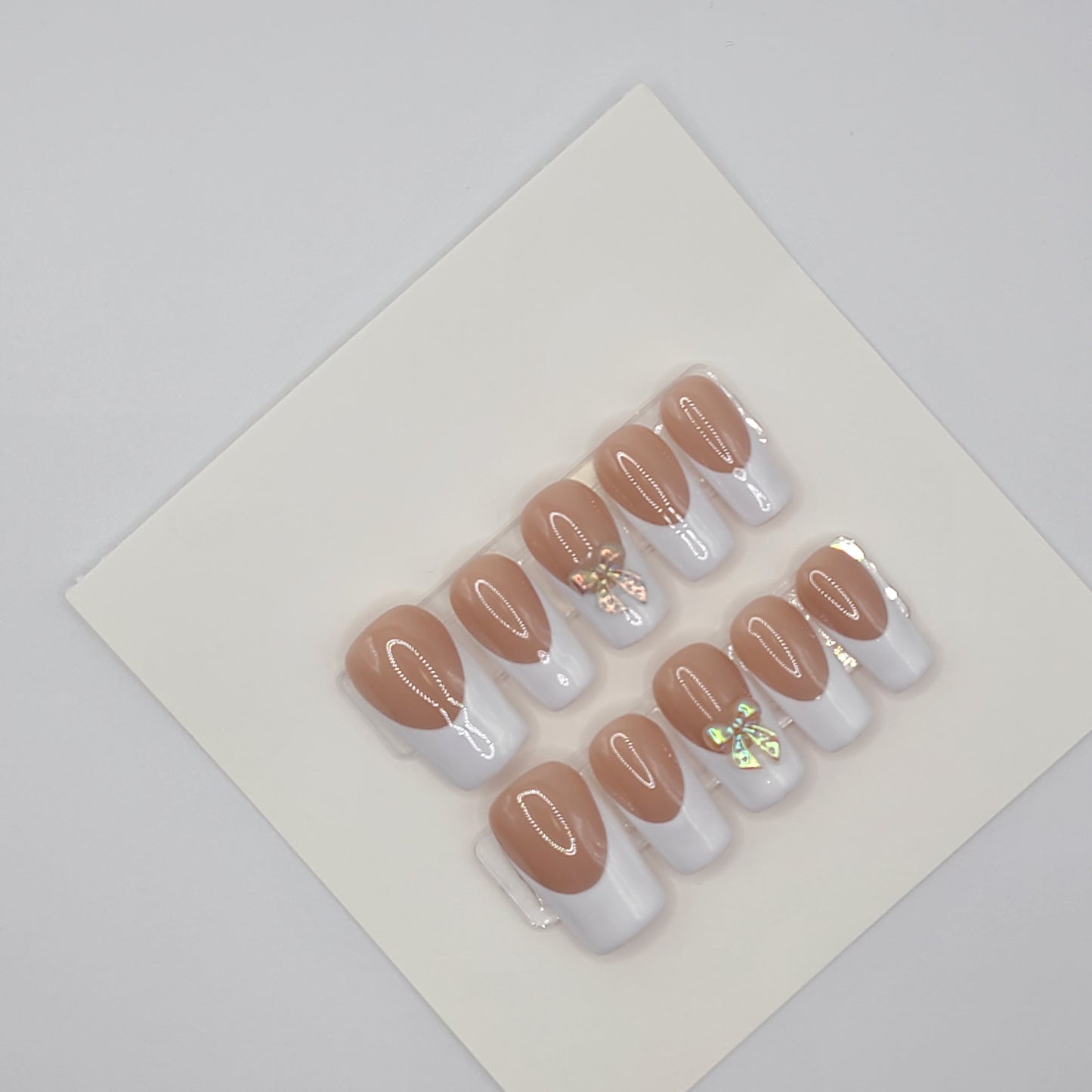 Iridescent Bow French Tip (10 pieces, Medium Square Press-On Nails)